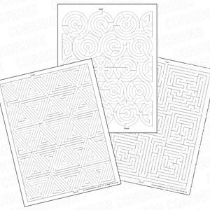 Puede incluir: Tres rompecabezas de laberinto en blanco y negro. El primer rompecabezas es un laberinto circular, el segundo es un laberinto triangular y el tercero es un laberinto tradicional.