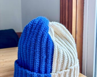 Two Tone Beanie, Handmade Ribbed Hat, Custom Split Color, Unisex, Modern Edgy Style, Cozy