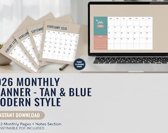 2026 Monthly Planner Template | Digital Download Business Organizer Notes Section | Time Management