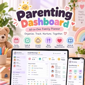 May include: A digital parenting dashboard displayed on a laptop and smartphone, featuring a family planner interface with sections for tasks, growth tracking, meals, and health. The screen shows schedules, notes, and icons for family organisation.