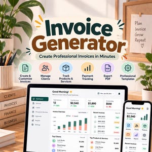 May include: A digital invoice generator software interface displayed on a laptop screen and a smartphone. The screen shows business dashboards, financial charts, and a sample invoice document with text including Invoice Generator, Create Professional Invoices in Minutes, and various business metrics.