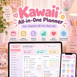 Agenda digitale Kawaii carina, organizer di vita estetico, agenda HTML interattiva giornaliera, settimanale e mensile, app PWA
