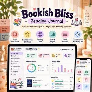 Peut inclure: Un journal de lecture numérique intitulé Bookish Bliss affiché sur un écran d'ordinateur portable et de smartphone, avec des graphiques de progression, des listes de livres et des objectifs. Un carnet à spirales et un stylo sont posés à côté.