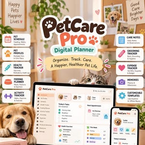 Peut inclure: Un planificateur numérique PetCare Pro affiché sur un écran d'ordinateur portable et de smartphone, incluant des outils de suivi de santé, d'alimentation et d'activité pour animaux. L'interface présente des icônes de gestion et des accessoires thématiques.