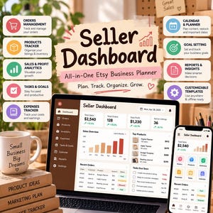 Könnte beinhalten: Ein digitales Verkäufer-Dashboard für die Etsy-Geschäftsverwaltung auf einem Laptop- und Smartphone-Bildschirm. Das Layout enthält Symbole für Bestellungen, Produkte, Analysen, Aufgaben, Ausgaben, Kalender, Ziele, Berichte und Vorlagen mit Text.