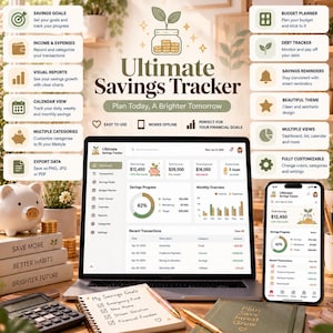 Könnte beinhalten: Ein digitaler Ultimate Savings Tracker auf einem Laptop- und Smartphone-Bildschirm, umgeben von einem Sparschwein, einem Taschenrechner und einem Notizbuch mit einer Liste von Sparzielen. Die Benutzeroberfläche zeigt Diagramme und Finanztools.