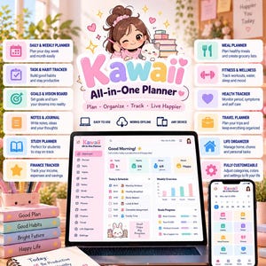 Leuke Kawaii digitale planner, esthetische levensorganizer, interactieve HTML-planner voor dagelijks, wekelijks en maandelijks gebruik, PWA-app