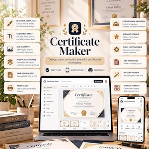 Op de afbeelding: Een software-interface voor het maken van certificaten weergegeven op een laptop- en smartphonescherm, omringd door geprinte certificaten, boeken met de labels Education, Achievement, Workshop, Appreciation en diverse iconen.