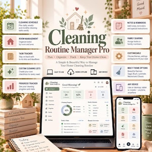 Puede incluir: Una interfaz de software Cleaning Routine Manager Pro mostrada en una computadora portátil y un teléfono inteligente, con seguimiento de tareas, gestión de habitaciones y gráficos de progreso con una paleta de colores suaves.