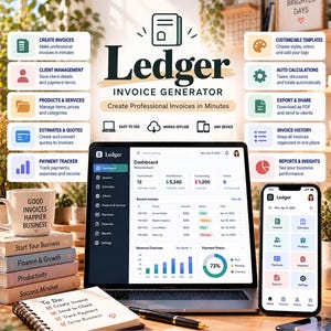 Può includere: Un'interfaccia software per la generazione di fatture visualizzata su uno schermo di laptop e smartphone, con una dashboard che include grafici dei ricavi, elenchi di clienti e strumenti di monitoraggio delle fatture.