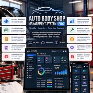 Auto Body Shop Management HTML App for Orders, Inventory, Claims (Digital Download)