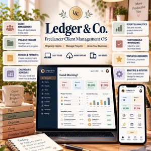 Può includere: Una dashboard digitale per Ledger & Co. Freelancer Client Management OS visualizzata su un laptop e uno smartphone. L'interfaccia mostra dati dei clienti, monitoraggio dei progetti, entrate e attività. Tazza, taccuini e penne inclusi.