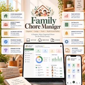 Puede incluir: Una interfaz de software de gestión de tareas familiares mostrada en una computadora portátil y un teléfono inteligente. La pantalla muestra paneles con el progreso de las tareas, estadísticas y miembros de la familia.