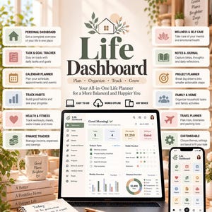 May include: A digital Life Dashboard planner displayed on a laptop and smartphone screen, featuring sections for tasks, goals, calendar, habits, health, finance, notes, and travel, surrounded by descriptive text boxes and icons.