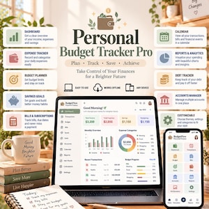 May include: A digital personal budget tracker pro software interface displayed on a laptop and smartphone, featuring financial dashboards, expense trackers, and charts. Includes a notebook with a to-do list and a mug on a wooden desk.