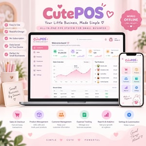 Peut inclure: Une interface de système de point de vente numérique affichée sur un écran d'ordinateur portable et de smartphone. Le tableau de bord présente des tons roses et blancs avec des icônes pour les ventes, produits et clients. Texte : CutePOS.
