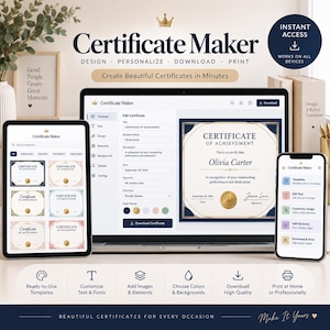 Puede incluir: Una interfaz de software para crear certificados mostrada en una computadora portátil, tableta y teléfono inteligente. Las pantallas muestran un editor de plantillas con campos para nombres, fechas y firmas, junto a una vista previa de un certificado.