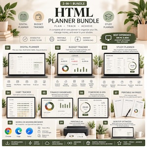 Może przedstawiać: Zestaw 3-w-1 cyfrowego planera HTML zawierający planer cyfrowy, narzędzie do śledzenia budżetu i planer nauki. Interfejs zawiera pulpity nawigacyjne do śledzenia dochodów, wydatków, nawyków i wyników w nauce, kompatybilne z przeglądarkami PC i Mac.