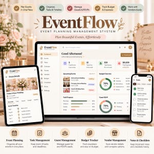 Op de afbeelding: Het EventFlow evenementenplanningssysteem weergegeven op een laptop, tablet en smartphone. De interface bevat dashboards voor evenementdetails, taakvoortgang, budgetoverzichten en gasten-RSVP's met tekst waaronder EventFlow en Plan Beautiful Events, Effortlessly.