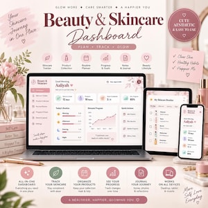 Pode incluir: Um painel digital de beleza e cuidados com a pele exibido em um laptop, tablet e smartphone. A interface apresenta um esquema de cores rosa e branco com seções para rastrear rotinas, produtos, metas e progresso, incluindo o texto Beauty & Skincare Dashboard.
