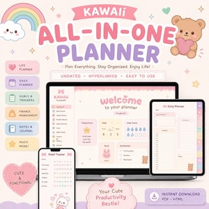 May include: A digital planner set featuring a laptop, tablet, and smartphone displaying a pastel-themed interface with the text Kawaii All-In-One Planner. The screens show daily planners, habit trackers, and task lists with cute bear and rabbit icons.