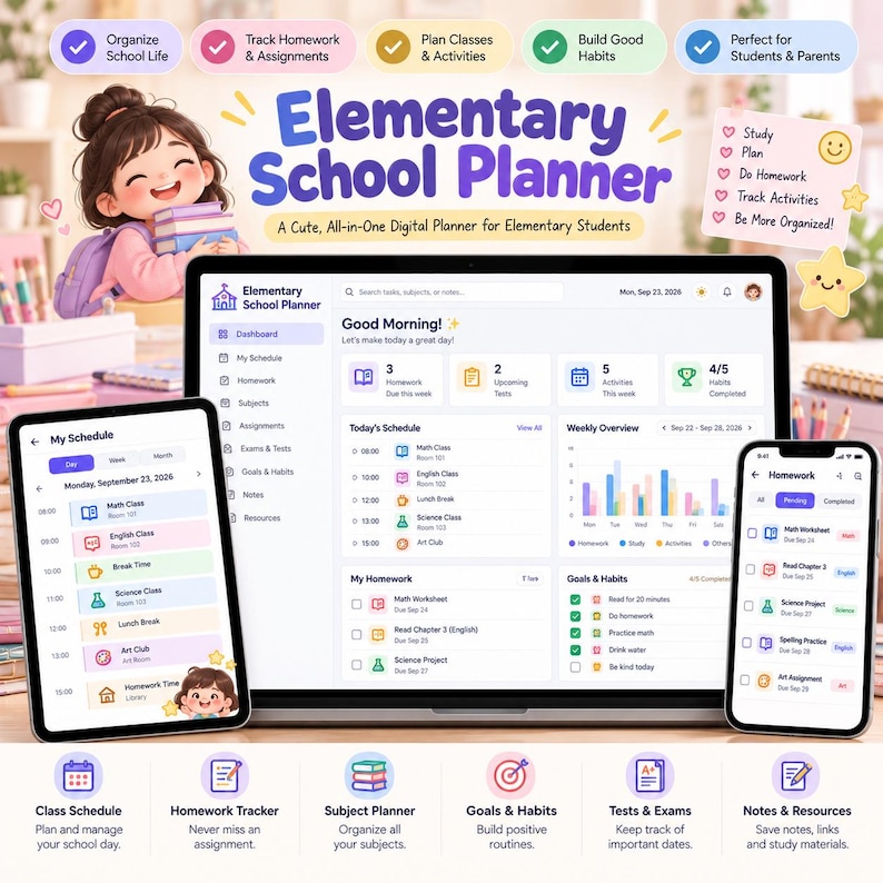 Elementary School Planner | Digital Student Organizer (HTML App) - Etsy