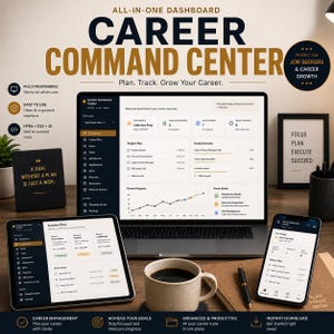 May include: A digital career management dashboard displayed on a laptop, tablet, and smartphone. The interface features text including "Career Command Center," "Plan. Track. Grow Your Career," and various task lists, progress charts, and goal trackers.