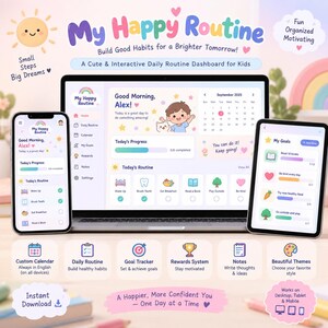 Könnte beinhalten: Ein digitales Tagesroutine-Dashboard für Kinder mit dem Titel My Happy Routine, angezeigt auf einem Laptop, Smartphone und Tablet. Die Benutzeroberfläche enthält einen Kalender, einen Ziel-Tracker und eine Aufgabenliste mit bunten Symbolen.