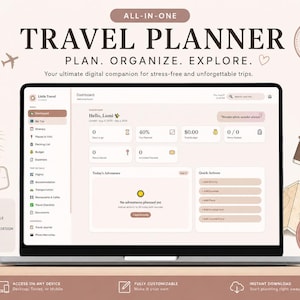 May include: A digital travel planner displayed on a laptop screen, featuring a dashboard with sections for itinerary, packing lists, budget, and expenses. The interface uses a soft beige color palette with organized tabs for trip details.