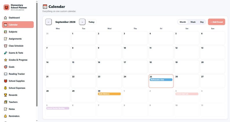 Elementary School Planner | Digital Student Organizer (HTML App) - Etsy