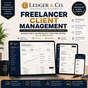 Può includere: Un sistema di gestione clienti per freelance visualizzato su laptop, tablet e smartphone. L'interfaccia mostra dashboard per entrate, progetti e monitoraggio del tempo. Il testo include Ledger & Co. Freelancer Client Management OS, All-in-One System e Built for Freelancers & Small Agencies.