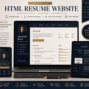 May include: A digital display of an interactive HTML resume website template shown on a laptop, tablet, and smartphone. The design features a dark navy and white color scheme with a professional profile photo, experience timeline, and skill bars.