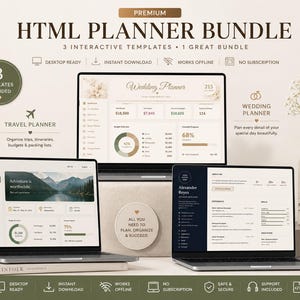 May include: A digital product bundle featuring three HTML templates for a wedding planner, travel planner, and resume website. The display shows laptop screens with organized dashboards, budget trackers, and professional profile layouts in a neutral color palette.