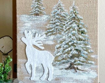 Winter Wonderland ~ Hand-Painted Woodland Trees Forest with Vintage White Wool Deer Appliqué Painting on Canvas Burlap Farmhouse Home Decor