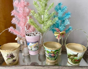 Antique French Victorian Images Paper Mache Easter Buckets Baskets Containers Ribbon Spring Holiday Decorations Country Cottage Style Decor