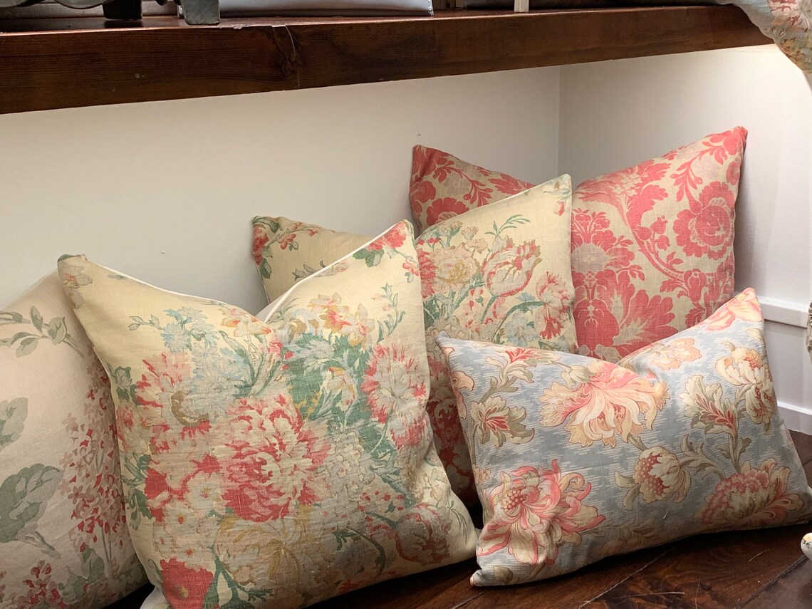 Vintage French Linen Fabric Pillow Antique English Cabbage Roses Floral