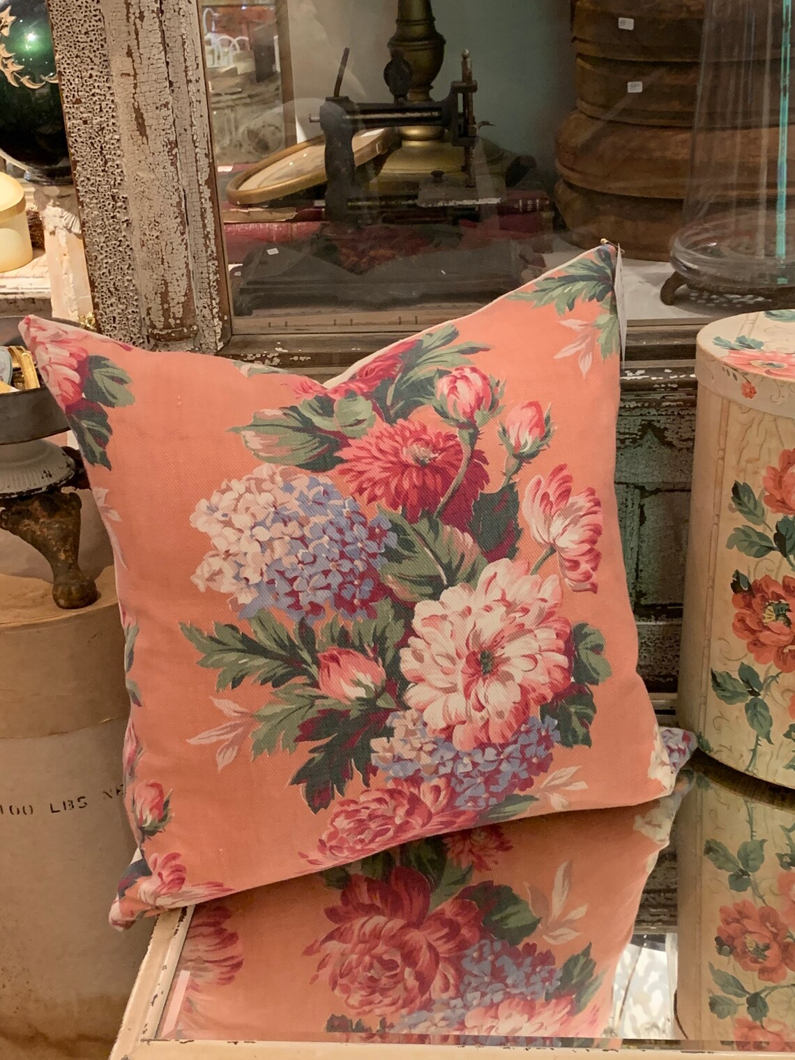 Vintage French Linen Fabric Pillow Antique English Cabbage Roses Floral