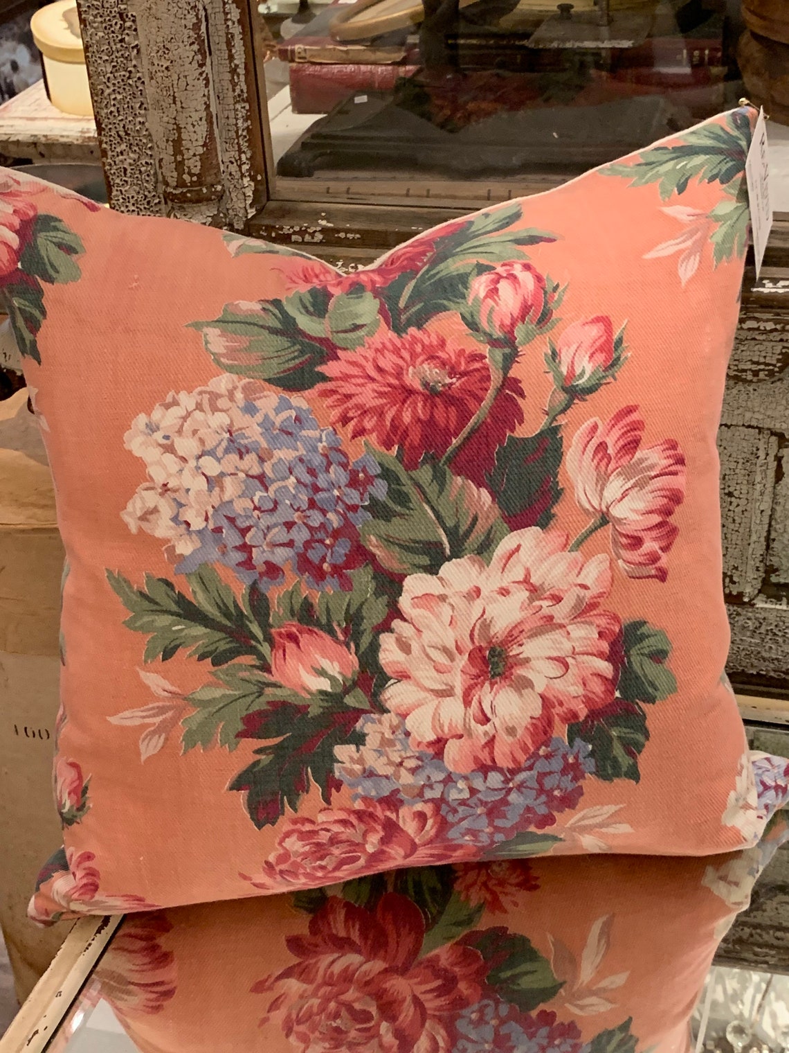 Vintage French Linen Fabric Pillow Antique English Cabbage Roses Floral