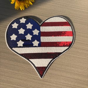 Patch de lantejoulas em forma de coração, patch de lantejoulas americano, bandeira patriótica, ferro em forma de coração