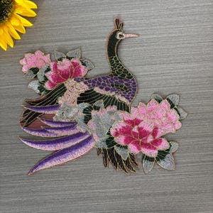 Retro pauw bloem naad patch, roze pioen bloem pauw patch, keizer paarse pauw, vogel patch, patch