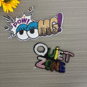 Toppa con lettera Power, Toppa con lettera glitterata per gli occhi, Toppa con lettera Quiet