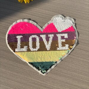 Decalque em forma de coração com lantejoulas e carta de amor, decalque de costura reversível em forma de coração frente e verso, decalque de mochila e jaqueta
