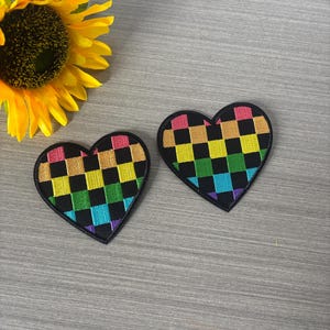 Patch de bordado em forma de coração, patch de bordado para passar roupa em forma de coração xadrez,