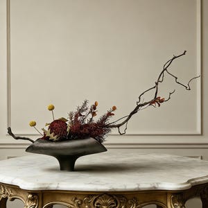 Pode incluir: Um vaso de cerâmica cinza-escuro de boca larga contém um arranjo floral com uma protea grande de cor vermelho-profundo, duas pequenas bolas amarelas, folhagem plumosa vermelho-escura e um longo ramo castanho, nu e sinuoso.