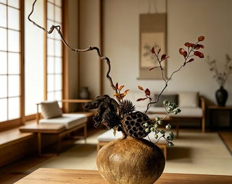 May include: A textured, round, tan ceramic vase holds an arrangement of dried botanical elements, including a long, winding branch, a dark lotus seed pod, spiky seed heads, small green berries, and delicate stems with reddish-brown leaves.