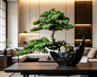 May include: A bonsai tree with vibrant green foliage and a textured, gnarled brown trunk. The tree is planted in a black, irregularly shaped, rock-like container with a rough surface, positioned on a dark wooden table surface.