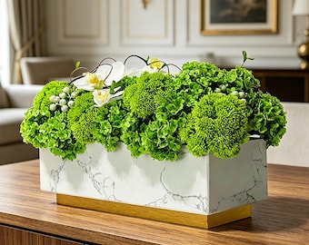Large 19.7" Luxury Marble Centerpiece, Faux White Orchid & Moss Arrangement with Gold Aluminum Base, Modern Biophilic Dining Table Decor