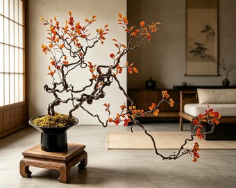 Large 35.4" Zen Ikebana Centerpiece, Twisted Autumn Branch in Black Ceramic Vase, Faux Bonsai Tree with Preserved Moss, Japandi Decor