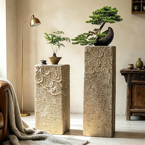 Asian Zen Carved Faux Stone Plinth, Antique Wabi-Sabi Display Pedestal, Temple Cloud Sculptural Column, Chinoiserie Floor Stand for Bonsai