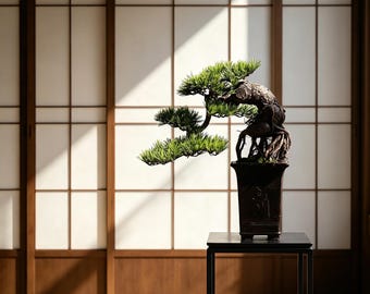 Cascading Pine Bonsai in Tall Ceramic Pot, Faux Exposed Root Zen Tree, Han-Kengai Wabi-Sabi Shelf Decor for Executive Desk & Office